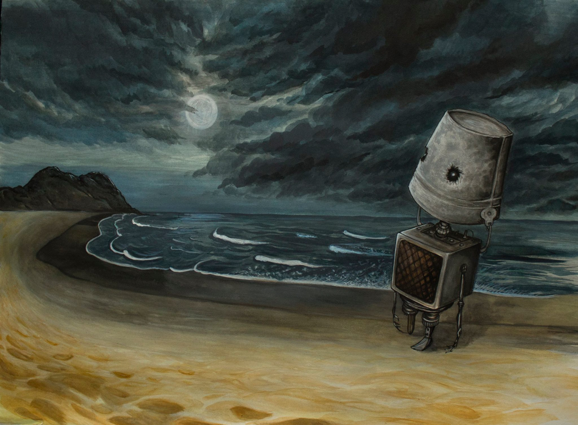 Handmade robot standing on a moonlit beach